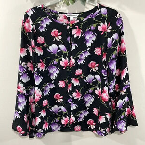 Counterparts Flare Long Sleeve Black Floral Blouse S